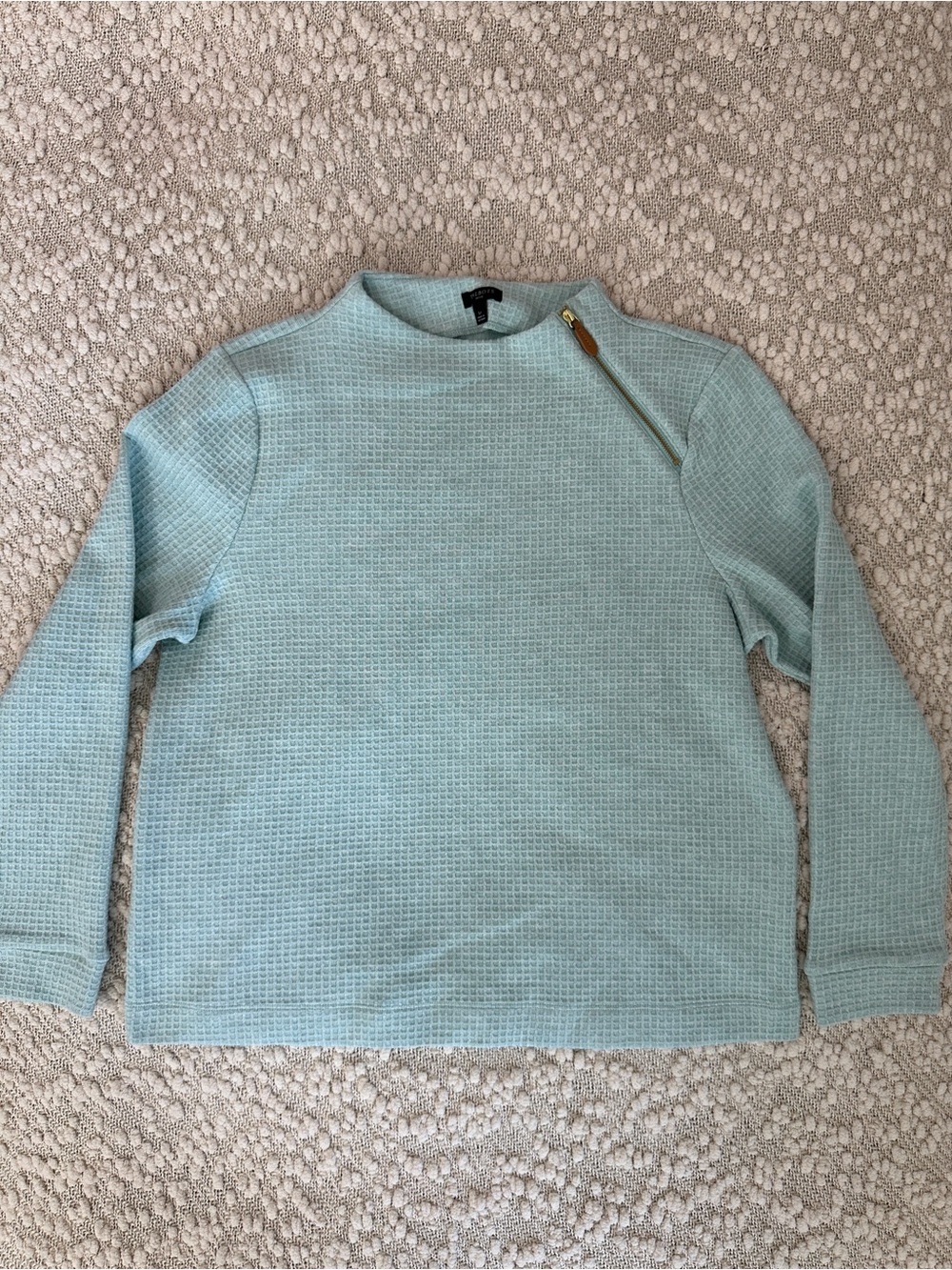 Talbots Waffle Knit Asymmetrical Shoulder Zip Mock Neck Top Light Blue Petite LP
